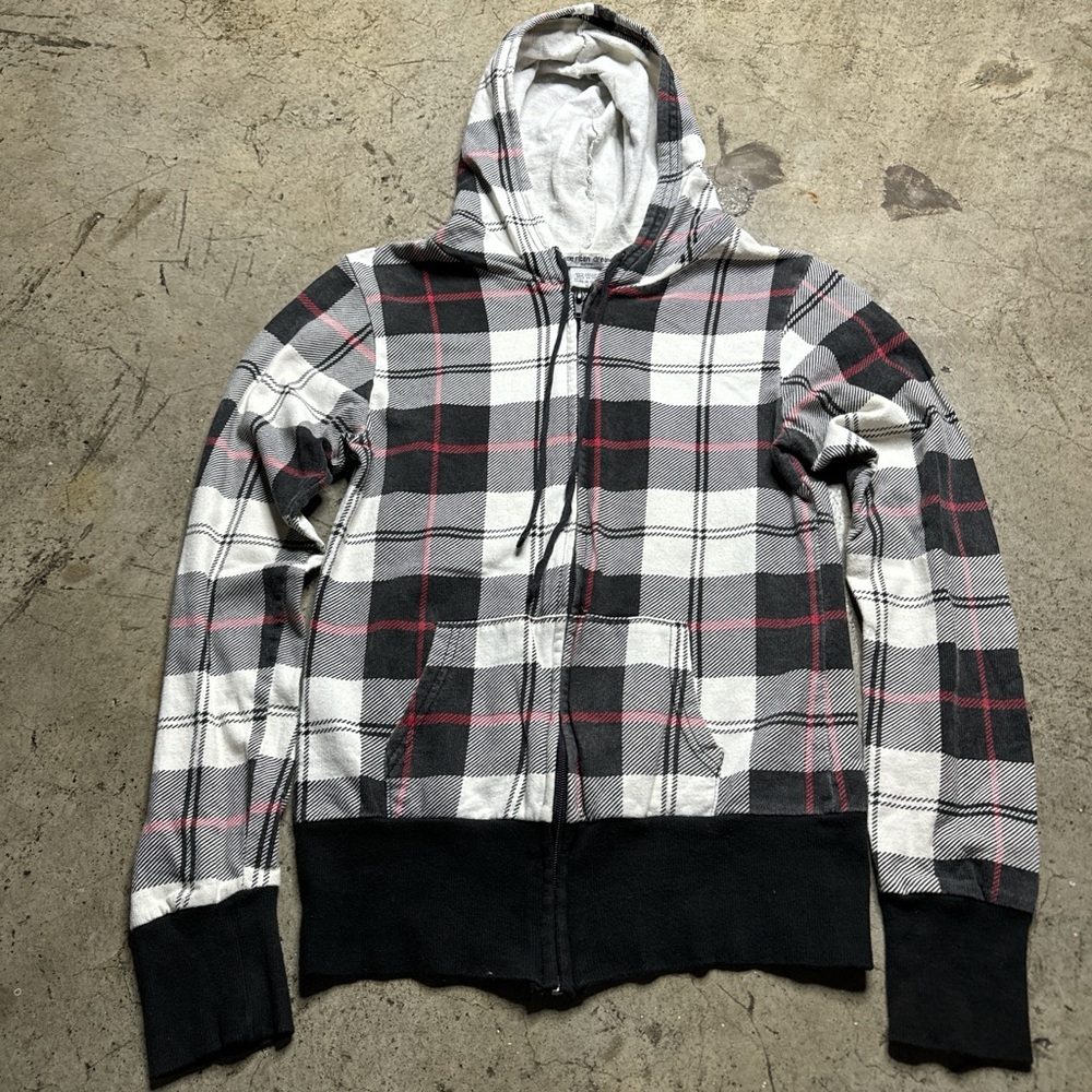 Punk black and red plaid zip up hoodie size S
